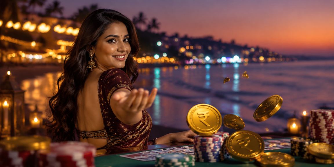 Colorful beachside casino gaming in Goa with Teen Patti and rupee sign